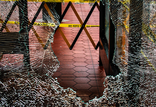 Shattered glass in a station shelter