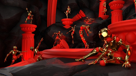Humanoid robots sculpted from gold froze in dynamic dancing poses in a granite cave decorated with scarlet ruins of ancient columns, creating a striking and surreal world