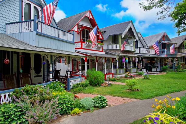 A row of colorful gingerbread houses