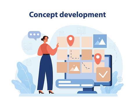 Concept Development in Branding. A vibrant vector illustration showcasing a professional crafting and refining a brand's conceptual framework and strategy. Flat vector illustration.