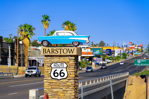 Barstow, California, United States - August 31, 2023: Route 66 pedestal in Main Street in Barstow, which is part of the old Route 66, has several pedestals with vintage cars on top. This one represent the state of Illinois.