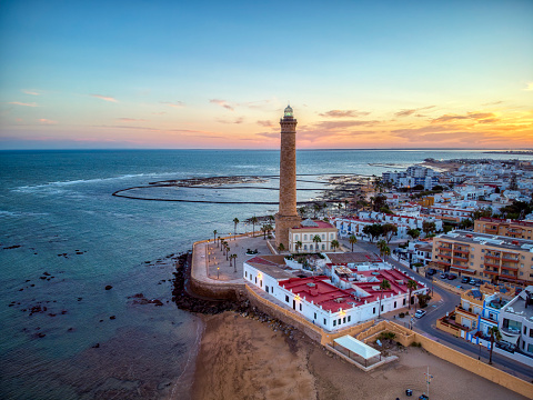 Drone view of the Chipiona lighthouse at dawn in the province of Cadiz. Spain.