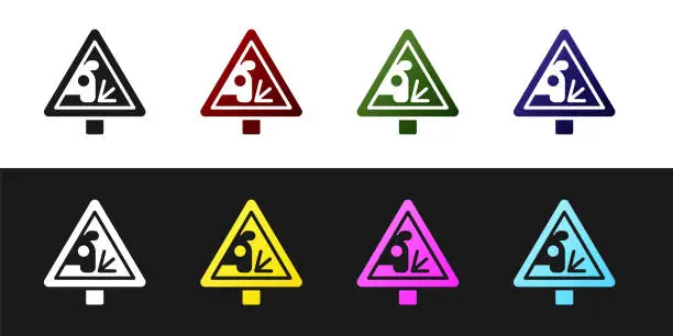 Vector illustration of Set Warning road sign throwing stone materials icon isolated on black and white background. Traffic rules and safe driving. Vector