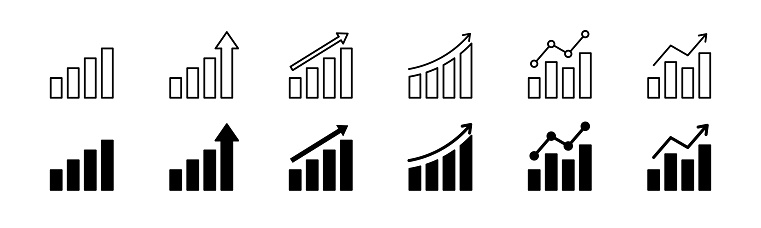 Growing graphic icon set. Outline and glyph graph bar. Profit chart graphic set