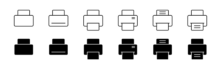 Printer icon set. Line and glyph print symbol. Printout icon