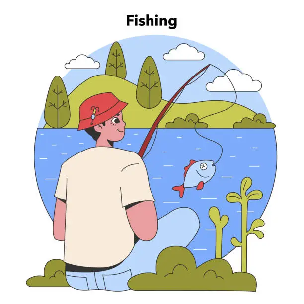 Vector illustration of Quiet Lakeside Fishing. Flat vector illustration