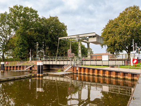 Gieselau canal lock and bascule bridge from Kiel Canal to Eider, Schleswig-Holstein, Germany