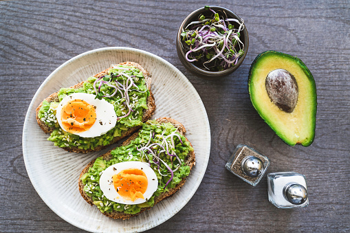 Healthy homemade rustic breakfast Toast With Avocado and Boiled Egg.