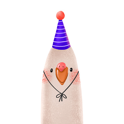funny cartoon goose in a festive cap. Happy birthday. Cute baby illustration on isolated background