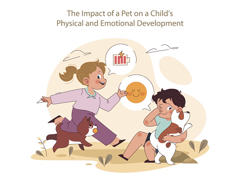Developmental Bonds concept. Joyful play with a pet enhances a child's physical and emotional growth, fostering a nurturing bond.