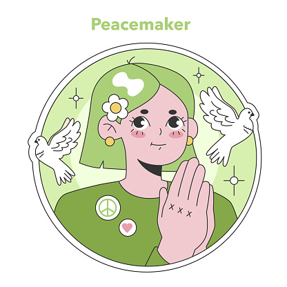 Enneagram Peacemaker type illustration. A serene, harmonious character with doves, epitomizing calmness and the pursuit of peace. Ideal for conflict resolution themes. Flat vector illustration