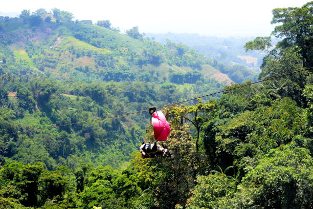 First-person View of a metal cable connecting two mountains in the jungle of Ecuador. In Mindo, Ecuador