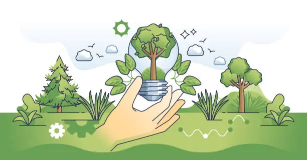 Vector illustration of Environmental awareness or effective power consumption hands outline concept