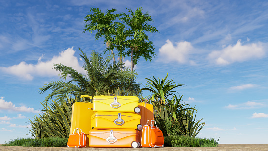 3D rendering of a pile of luggage in a tropical decor