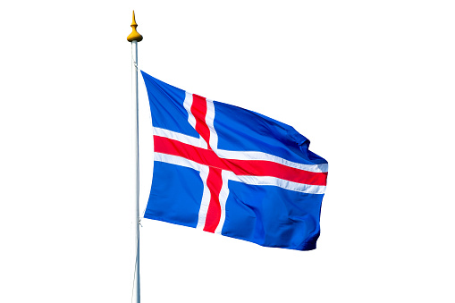 Photo of an Iceland flag on a pole floating in the wind isolated on white background