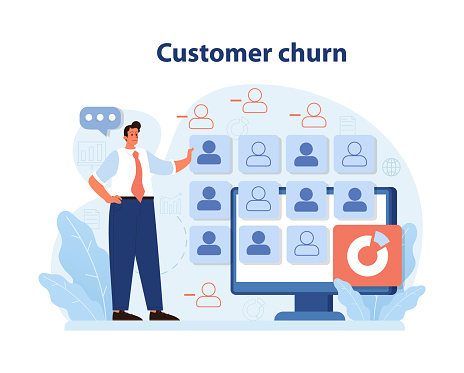 Professional analyzing customer churn on a digital screen, highlighting lost clients among the active user base. Addressing retention challenges in the digital age. Flat vector illustration.