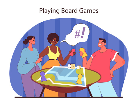 Board games concept. Friends compete and enjoy strategy and luck-based games. Interactive and fun group activity. Flat vector illustration.