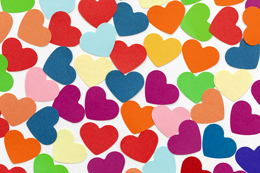 Multicolor paper heart shapes.