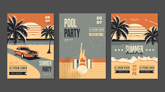 3 Summer Retro Posters With Beach. Resort Vacation Concept Covers. Girl Sitting by the pool, beach illustration, and retro cars. Vector