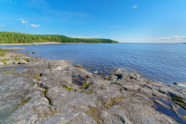 Beautiful stones on the lake. Landscape of wild nature.