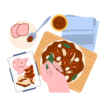 Leftovers. Sustainable cooking, repurpose nextovers to reduce food waste. Thoughtful food use and sustainable living. Flat vector illustration.