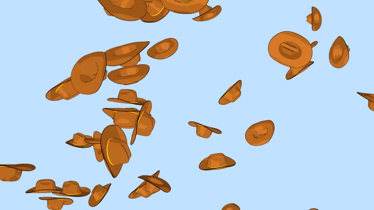 Rain of brown cowboy hats on a blue background. Country style concept. 3D animation.