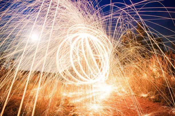 istock Firetrail of sparks flying through the air creating fire trails 2138281306