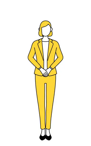 Vector illustration of Simple line drawing illustration of a businessman in a suit with his hands folded in front of his body.