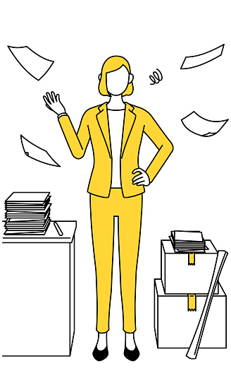 Simple line drawing illustration of a businesswoman in a suit who is fed up with his unorganized business.