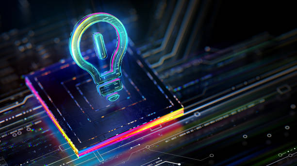 istock Glowing light bulb and CPU on mother board. New ideas evolution. Futuristic light bulb icon in world of technological progress and innovation. CGI 3D render 2138296111