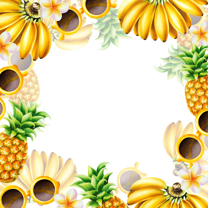 Watercolor frame and logo with bunch of ripe bananas, pineapple, sunglasses and frangipani flower. Tropical fruit isolated on background. For designers, spa decoration, postcards, wedding, greetings, wallpapers, wrapping paper, scrapbooking, covers,