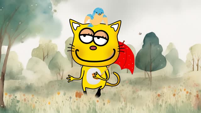 The little yellow cat holding a red umbrella walks among the flowers. Spring outdoor kids activities. Forest, birds flying, cartoon animation. 4K video.