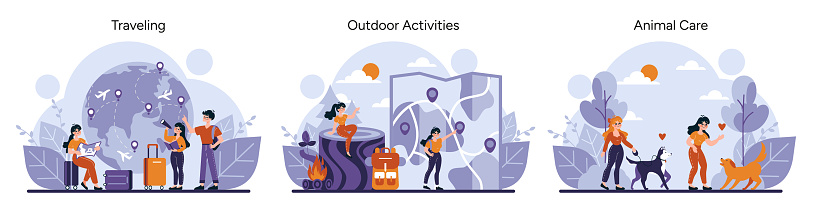 Social and family set. Experiences from globe-trotting to hiking, and pet interaction, depicting family bonds and outdoor pursuits. Moments of exploration and care. Vector illustration