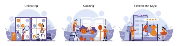 Vector illustration of An avid collector organizes coins, a chef stirs a pot in the kitchen, and a shopper admires a chic dress