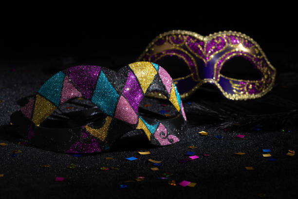istock Carnival Party. Venetian Masquerade masks on black background. 2138317135