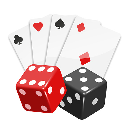 Fan of cards and two dice. Vector illustration isolated on white background.