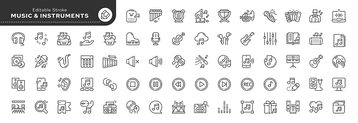 Set of line icons in linear style. Set - Music, musical instruments and audio. Outline icon collection. Conceptual pictogram and infographic. Editable stroke.