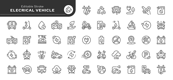 Set of line icons in linear style. Series - Electrical vehicle. Eco-friendly transport. Electric car, bus, e-bike, electric scooter, motorcycle, charging station and battery.Outline icon collection. Conceptual pictogram and infographic.