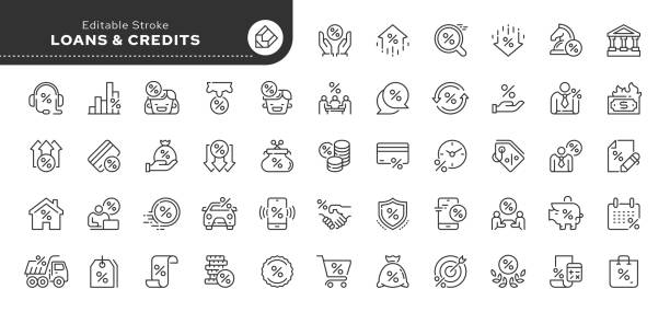 loans and credits line icon set in linear style Set of line icons in linear style. Series - Loan and Credit. Outline icon collection. Pictogram and infographic. car finance stock illustrations