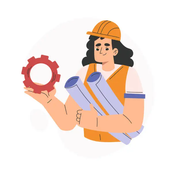 Vector illustration of Labour Day with Happy Woman Engineer in Helmet with Paper Roll and Cogwheel Vector Illustration