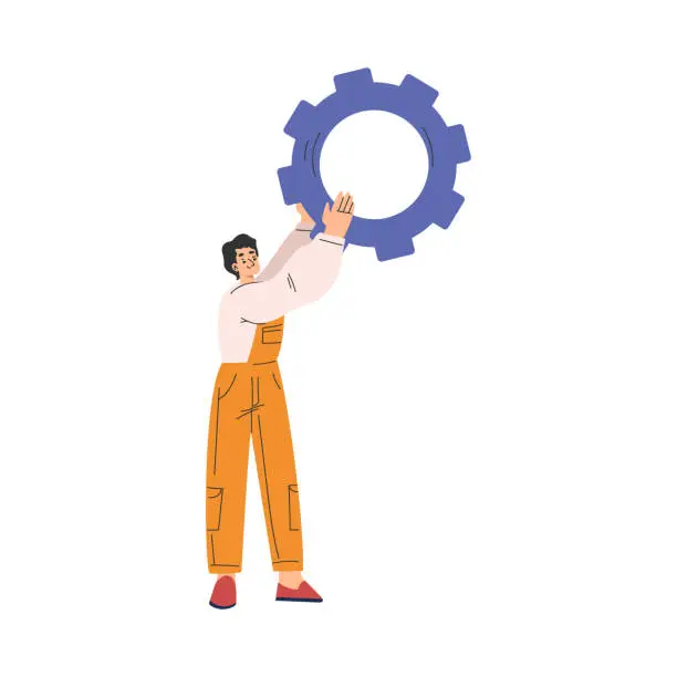 Vector illustration of Labour Day with Happy Man Engineer in Orange Overalls Holding Cogwheel Vector Illustration