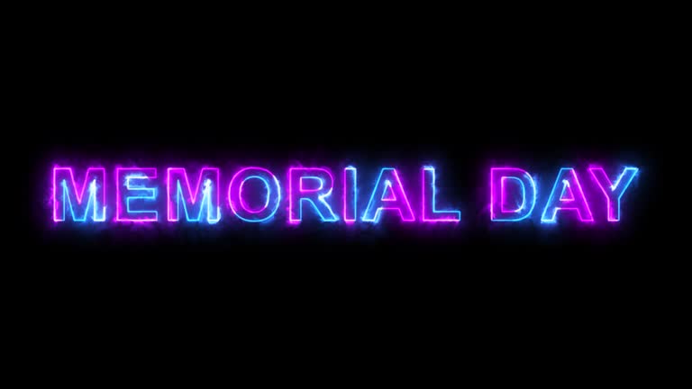 Memorial Day colorful neon laser text animation effect cinematic title on black abstract background.