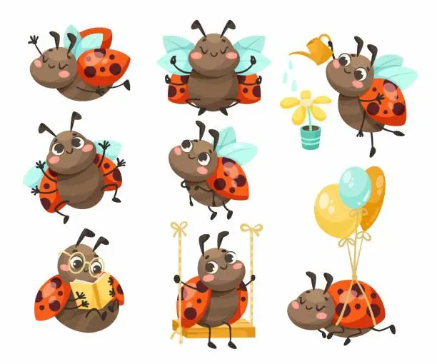 Vector illustration of Cute Ladybug Character with Spotted Wings Vector Set