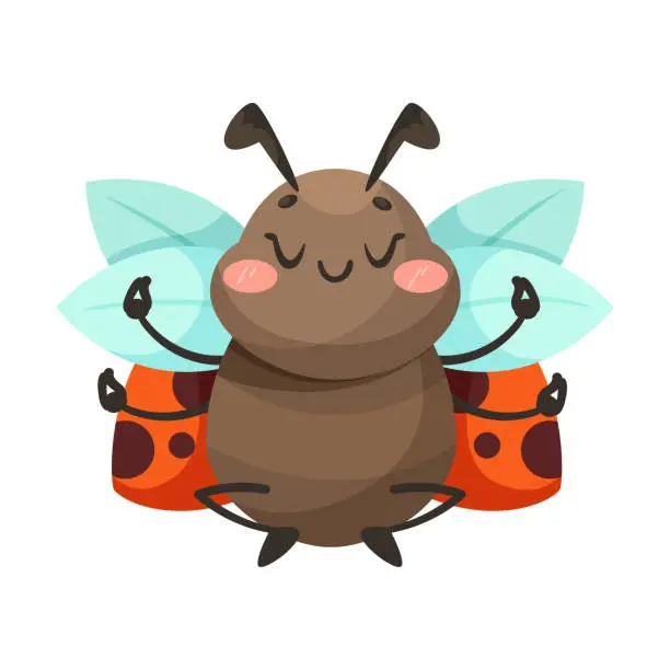 Vector illustration of Cute Ladybug Character with Spotted Wings Meditating Vector Illustration