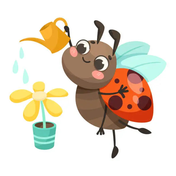 Vector illustration of Cute Ladybug Character with Spotted Wings Watering Flower in Pot Vector Illustration