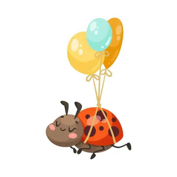 Vector illustration of Cute Ladybug Character with Spotted Wings Floating with Balloon Bunch Vector Illustration