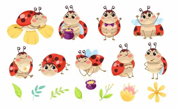 Vector illustration of Cute Ladybug Character with Spotted Wings Vector Set