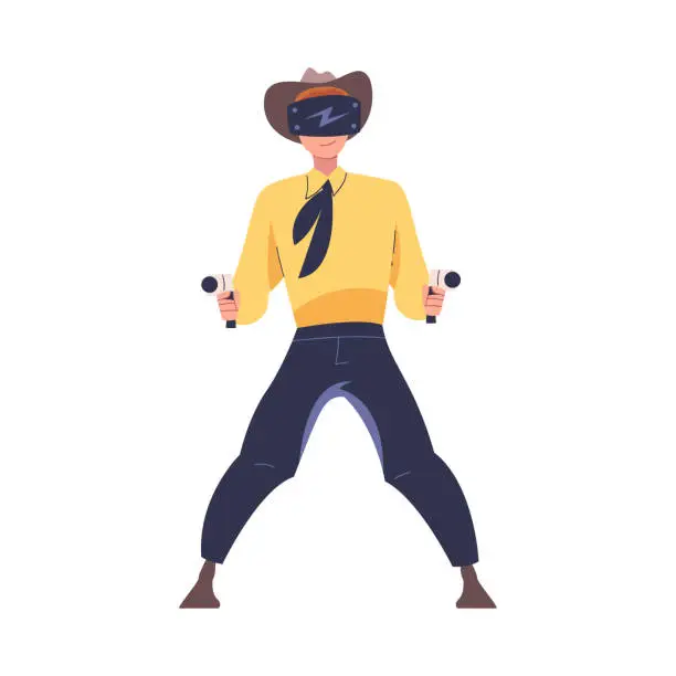Vector illustration of Augmented Reality with Man Character Cowboy with Pistols in Hand in Virtual Reality Glasses Playing Game on Simulator Vector Illustration