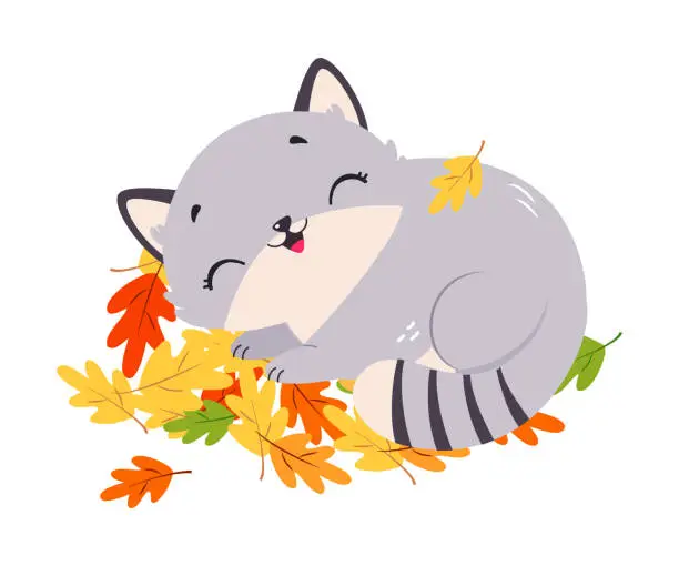 Vector illustration of Funny Autumn Grey Cat Cuddle in Foliage Vector Illustration