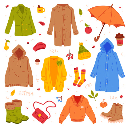 Warm Autumn Clothes and Bright Accessories Vector Set. Colorful Seasonal Garment and Apparel